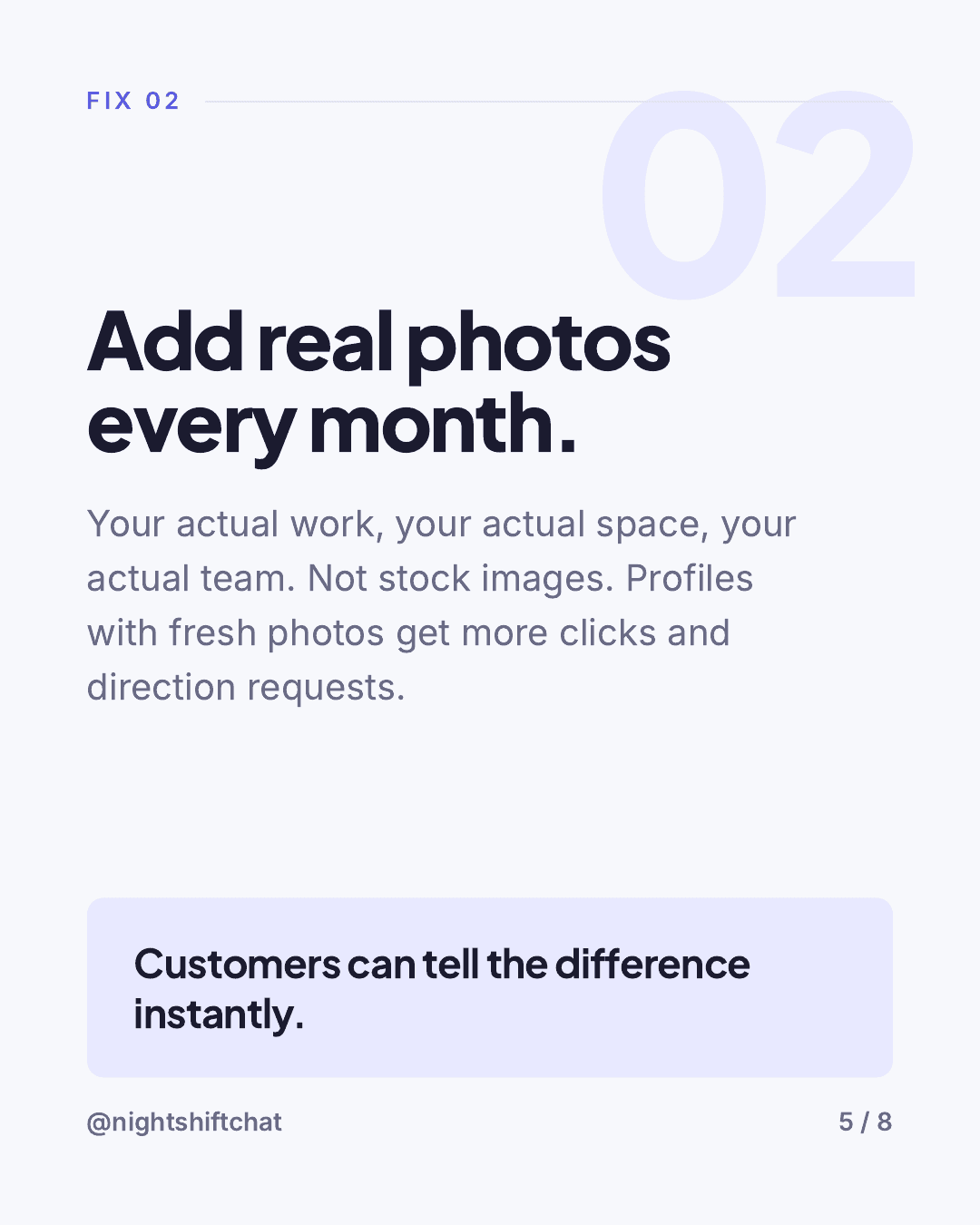 Carousel card: add real photos of your work and space to your Google Business Profile monthly