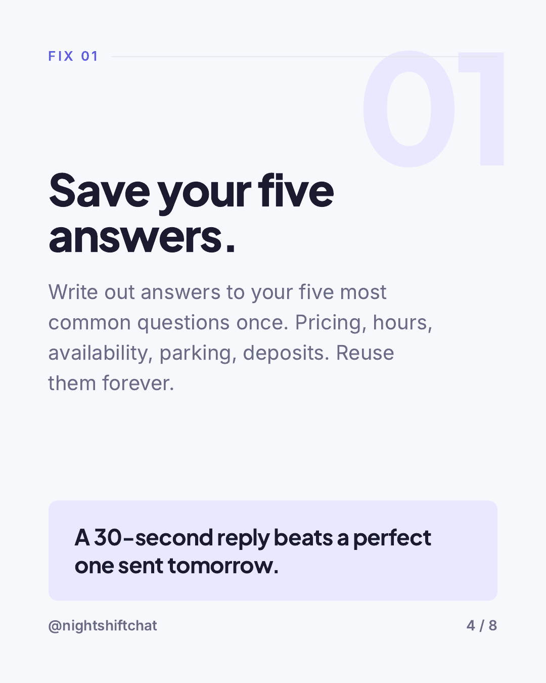 Carousel card: write saved replies for your five most common customer questions